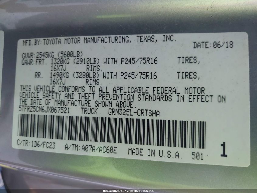 2018 Toyota Tacoma Sr5 V6 VIN: 5TFRZ5CN6JX067521 Lot: 43982275