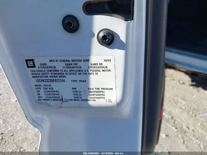 2005 Chevrolet Silverado 2500Hd Ls VIN: 1GCHK23235F812144 Lot: 43982285