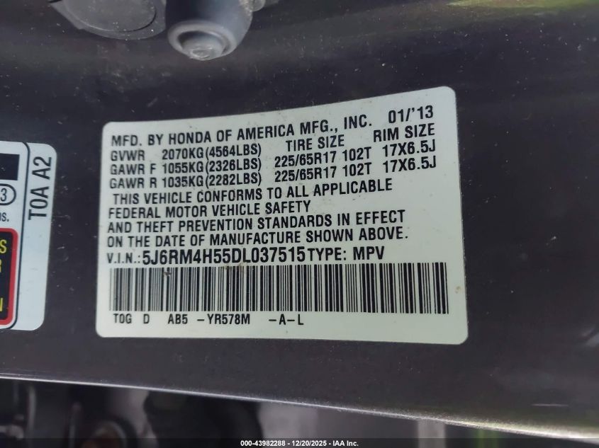 2013 Honda Cr-V Ex VIN: 5J6RM4H55DL037515 Lot: 43982288