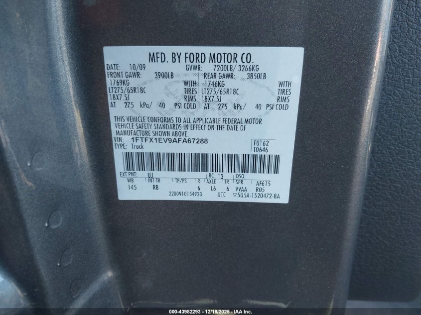 2010 Ford F-150 Fx4/Lariat/Xl/Xlt VIN: 1FTFX1EV9AFA67288 Lot: 43982293