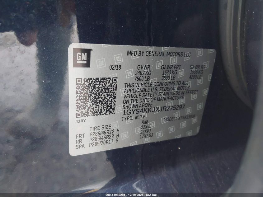 2018 Cadillac Escalade Esv Platinum VIN: 1GYS4KKJXJR275297 Lot: 43982294