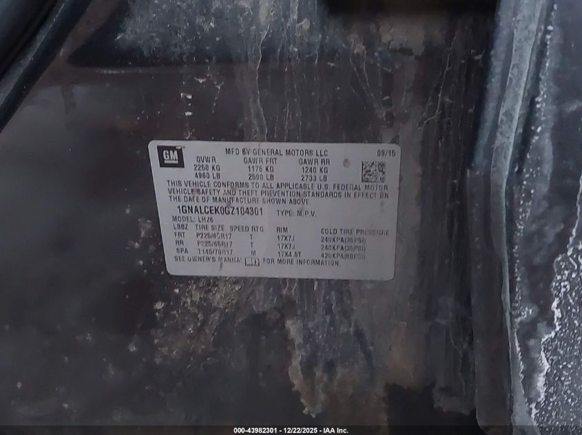 2016 Chevrolet Equinox Lt VIN: 1GNALCEK0GZ104301 Lot: 43982301