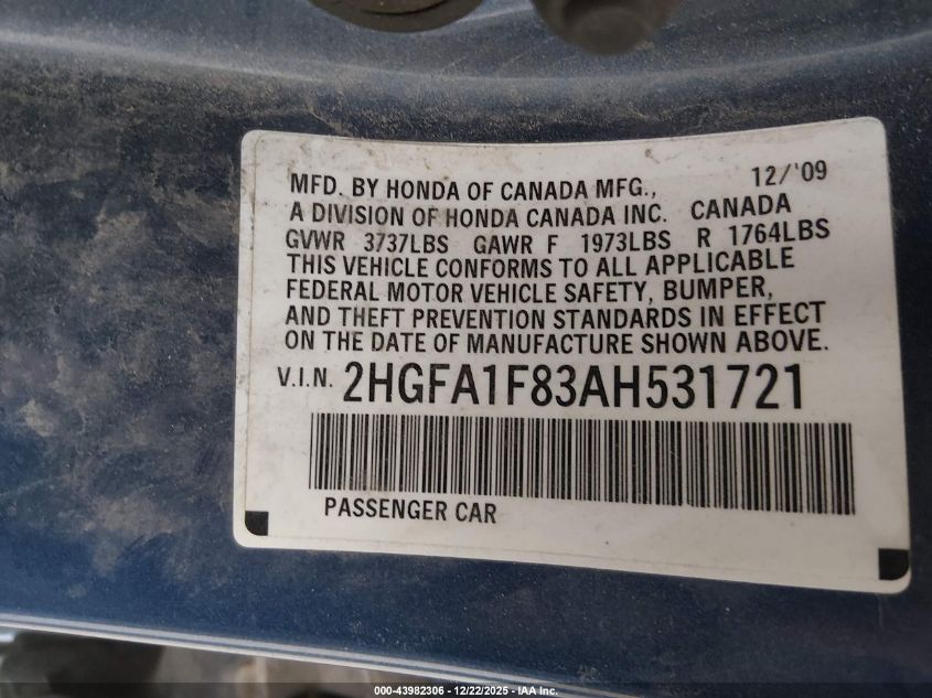 2010 Honda Civic Ex VIN: 2HGFA1F83AH531721 Lot: 43982306