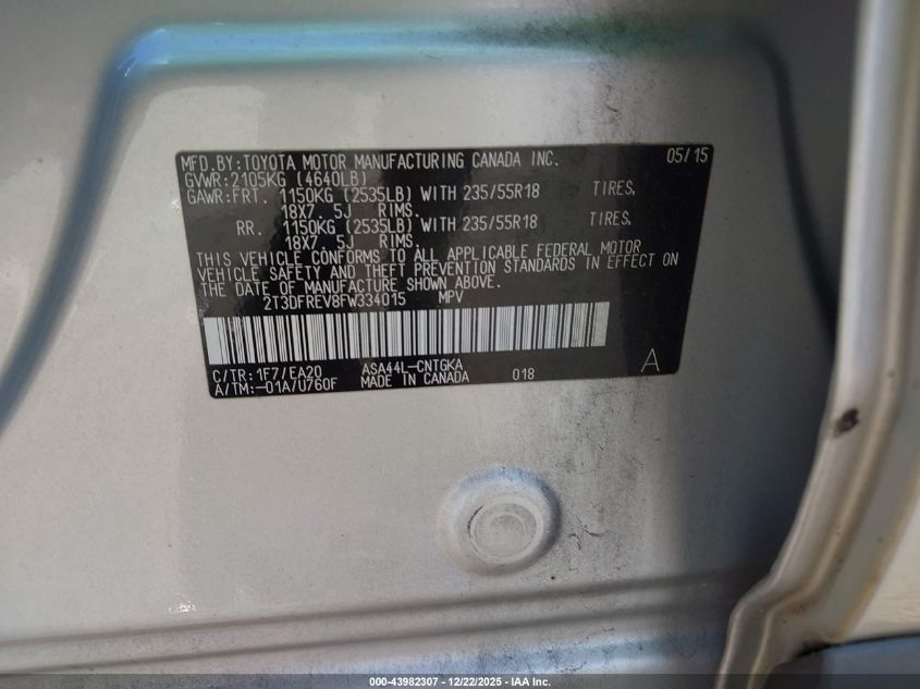 2015 Toyota Rav4 Limited VIN: 2T3DFREV8FW334015 Lot: 43982307