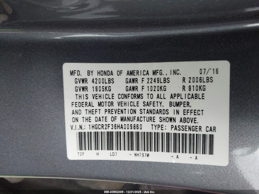 2017 Honda Accord Lx VIN: 1HGCR2F36HA009860 Lot: 43982309