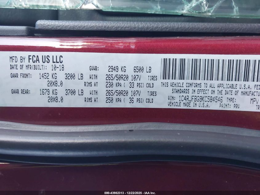 2019 Jeep Grand Cherokee Limited X 4X4 VIN: 1C4RJFBG9KC584546 Lot: 43982313