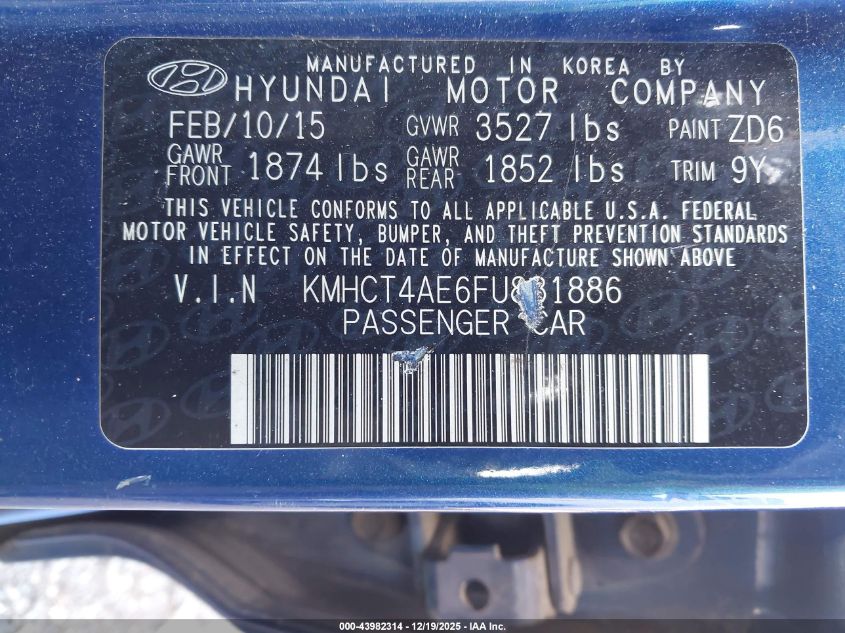 2015 Hyundai Accent Gls VIN: KMHCT4AE6FU881886 Lot: 43982314
