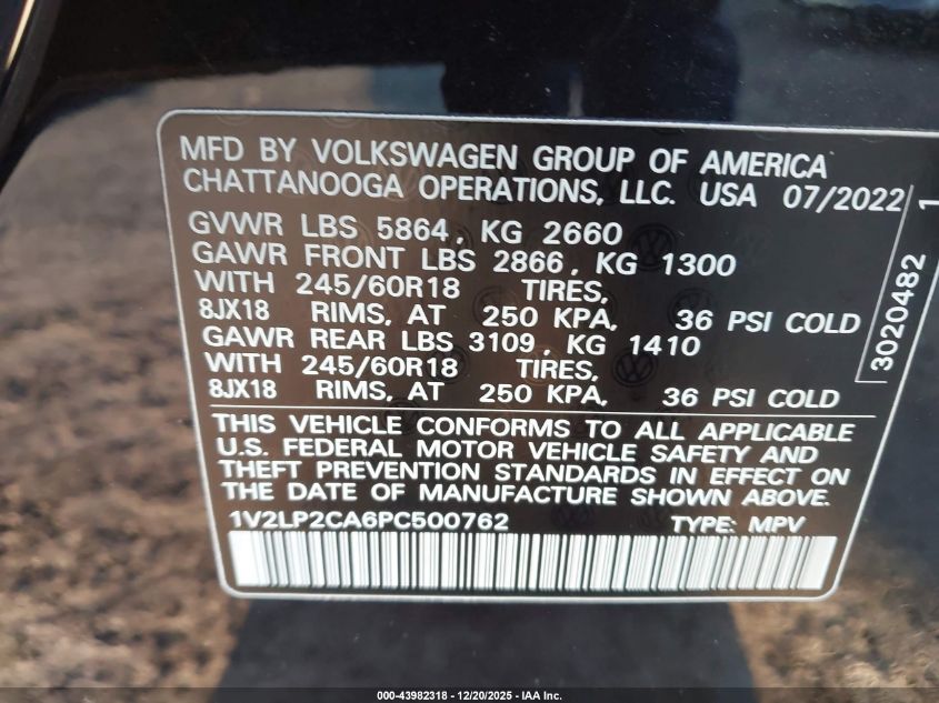 2023 Volkswagen Atlas 2.0T Se VIN: 1V2LP2CA6PC500762 Lot: 43982318