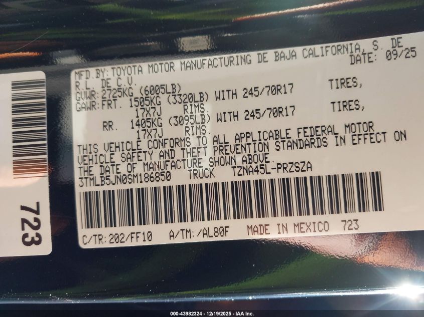 2025 Toyota Tacoma Sr5 VIN: 3TMLB5JN0SM186850 Lot: 43982324