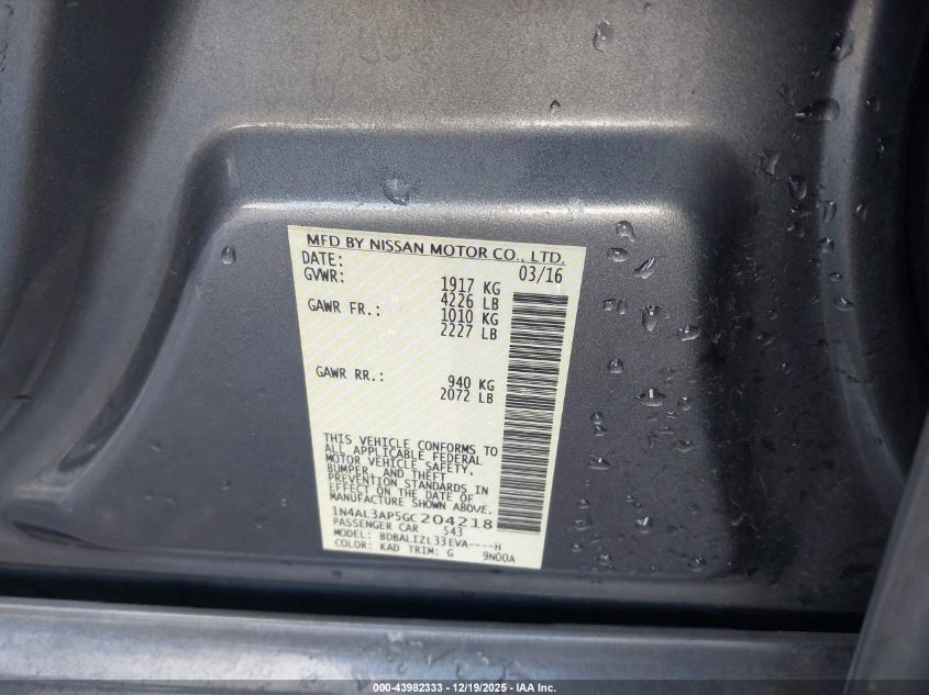 2016 Nissan Altima 2.5 Sv VIN: 1N4AL3AP5GC204218 Lot: 43982333