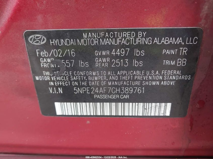 2016 Hyundai Sonata Se VIN: 5NPE24AF7GH389761 Lot: 43982334