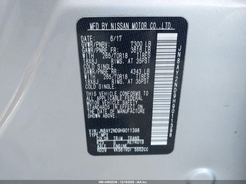 2017 Nissan Armada Sv VIN: JN8AY2ND9H9011398 Lot: 43982336