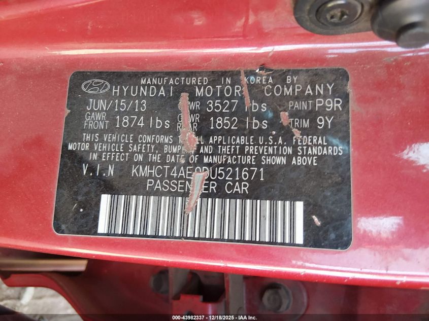 2013 Hyundai Accent Gls VIN: KMHCT4AE9DU521671 Lot: 43982337