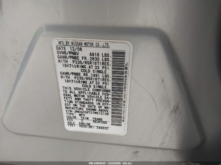 2007 Nissan Murano Sl VIN: JN8AZ08T27W512136 Lot: 43982340