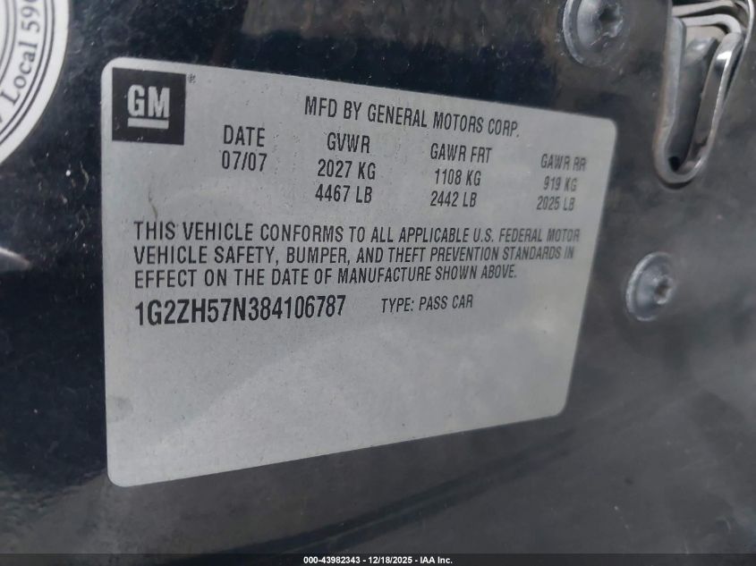 2008 Pontiac G6 Gt VIN: 1G2ZH57N384106787 Lot: 43982343