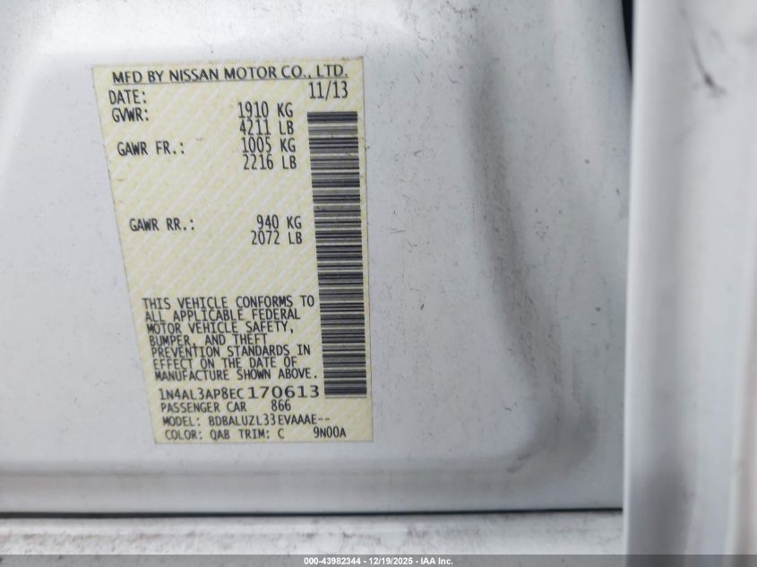 2014 Nissan Altima 2.5 Sv VIN: 1N4AL3AP8EC170613 Lot: 43982344