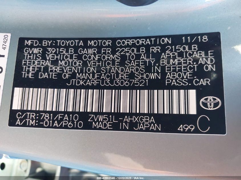 2018 Toyota Prius Three VIN: JTDKARFU3J3067521 Lot: 43982346