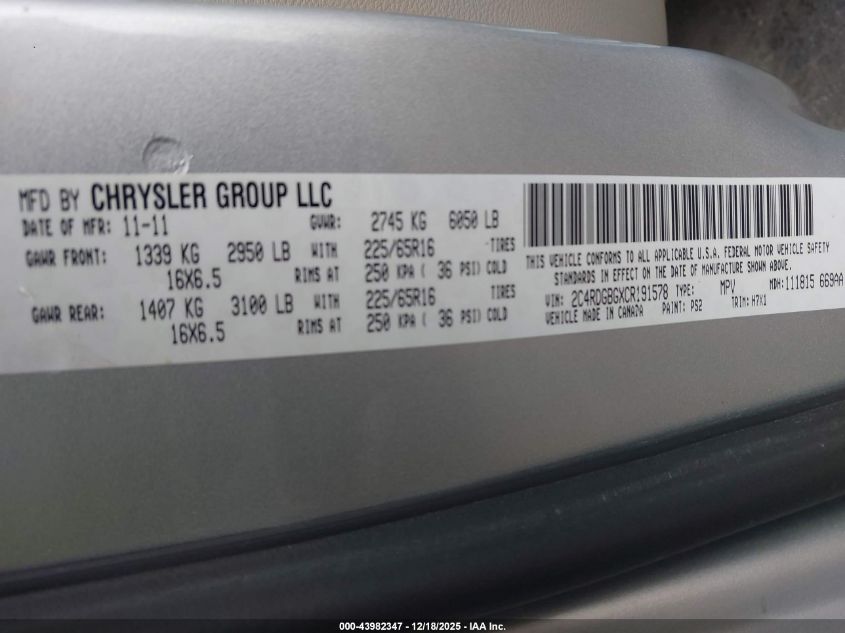 2012 Dodge Grand Caravan Se/Avp VIN: 2C4RDGBGXCR191578 Lot: 43982347