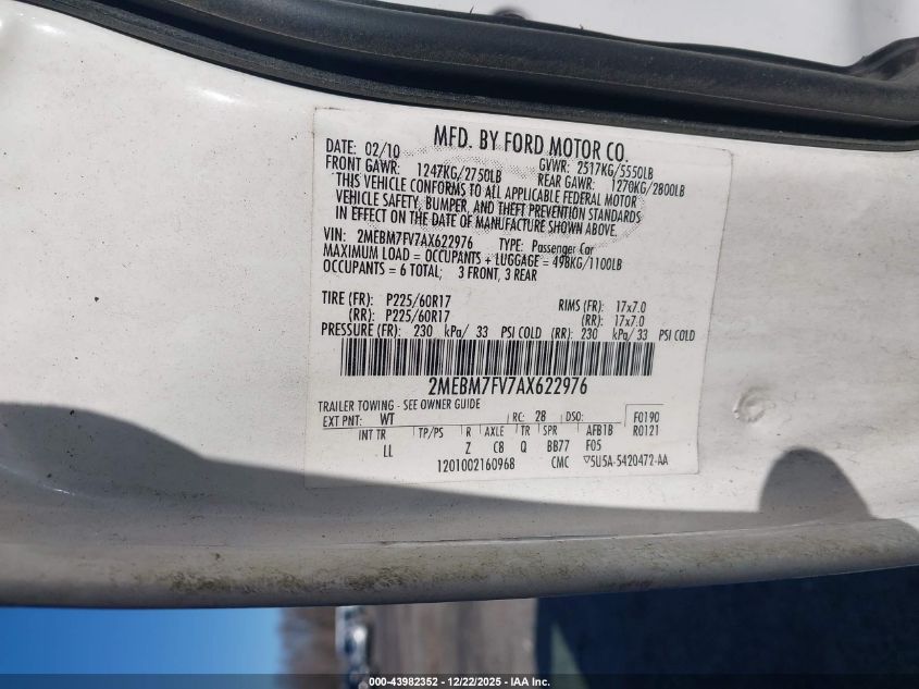 2010 Mercury Grand Marquis Ls (Fleet Only) VIN: 2MEBM7FV7AX622976 Lot: 43982352