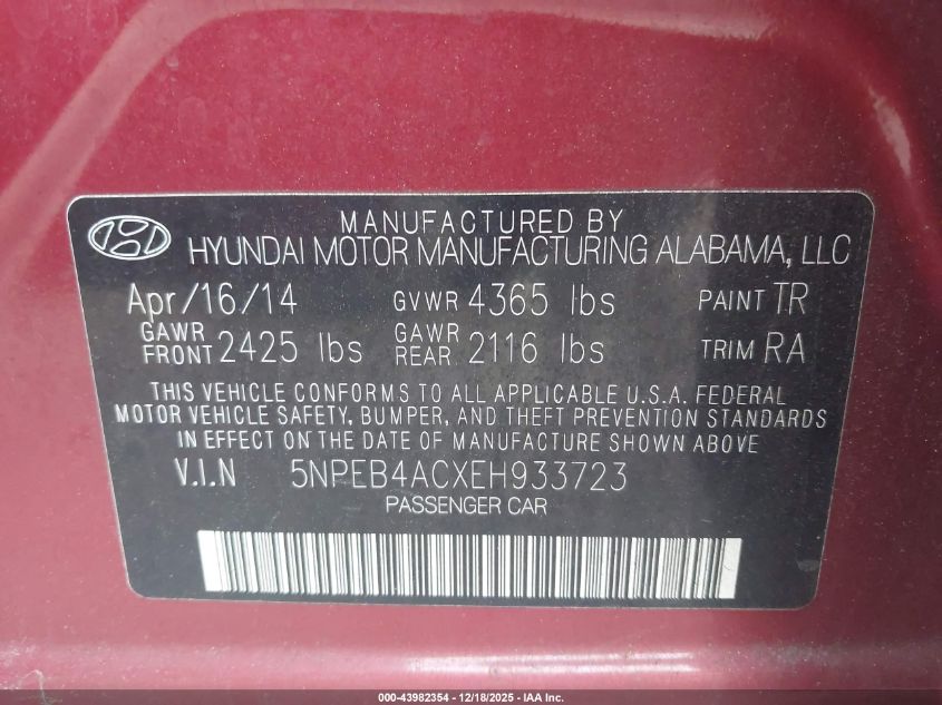 2014 Hyundai Sonata Gls VIN: 5NPEB4ACXEH933723 Lot: 43982354