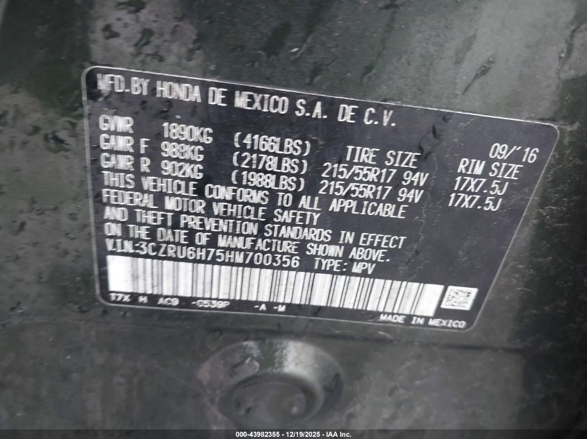 2017 Honda Hr-V Ex-L VIN: 3CZRU6H75HM700356 Lot: 43982355