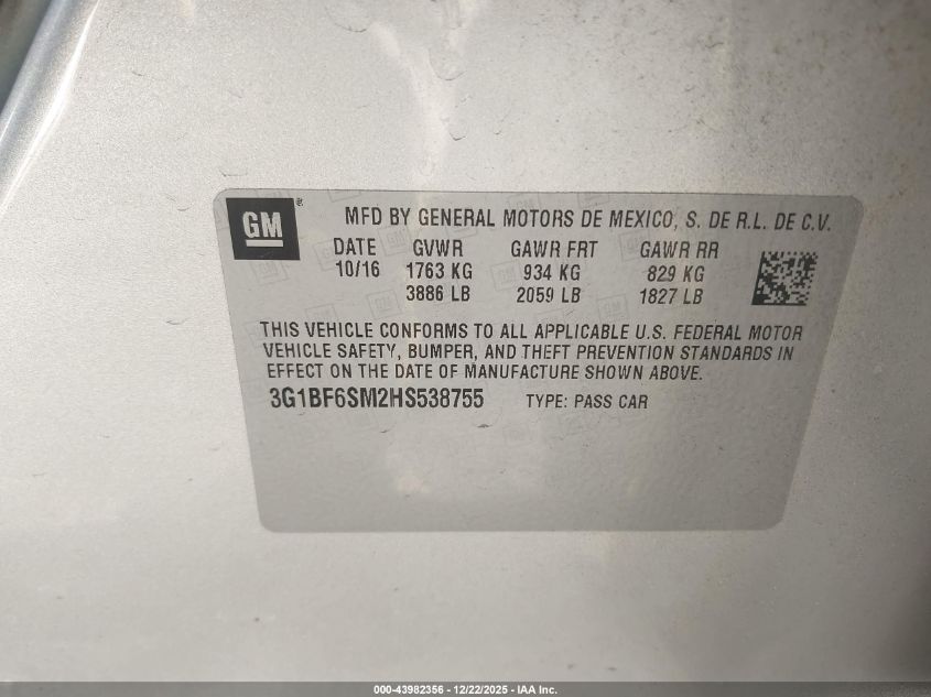 2017 Chevrolet Cruze Premier Auto VIN: 3G1BF6SM2HS538755 Lot: 43982356