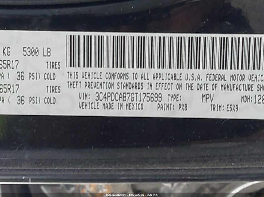 2016 Dodge Journey Se VIN: 3C4PDCAB7GT175699 Lot: 43982361