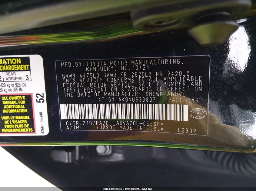 2022 Toyota Camry Se VIN: 4T1G11AK0NU633837 Lot: 43982365