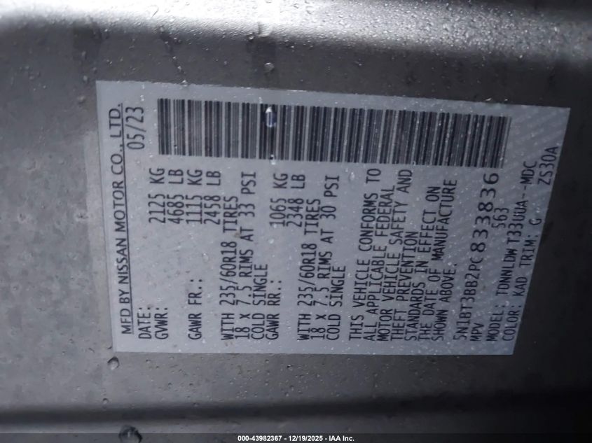 2023 Nissan Rogue Sv Intelligent Awd VIN: 5N1BT3BB2PC833836 Lot: 43982367