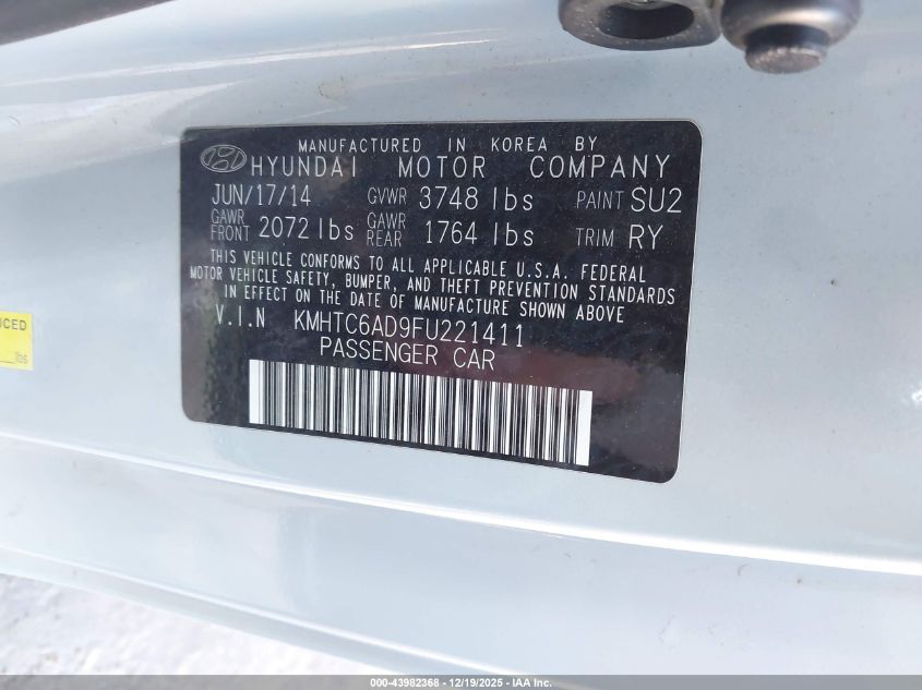 2015 Hyundai Veloster Re:flex VIN: KMHTC6AD9FU221411 Lot: 43982368