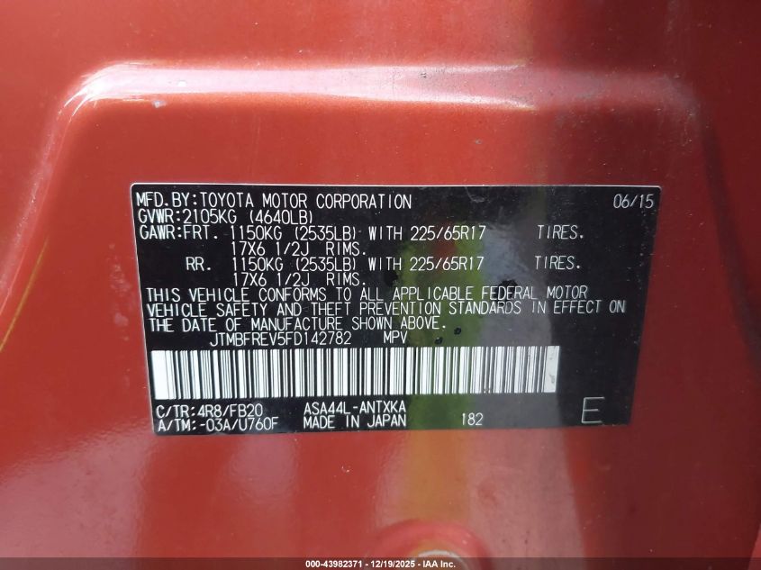 2015 Toyota Rav4 Le VIN: JTMBFREV5FD142782 Lot: 43982371