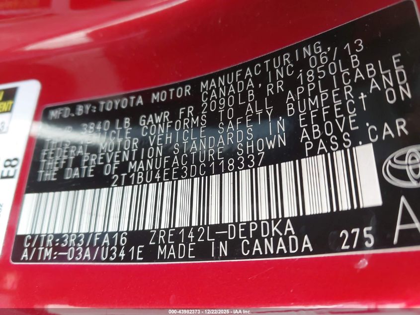 2013 Toyota Corolla L VIN: 2T1BU4EE3DC118337 Lot: 43982373