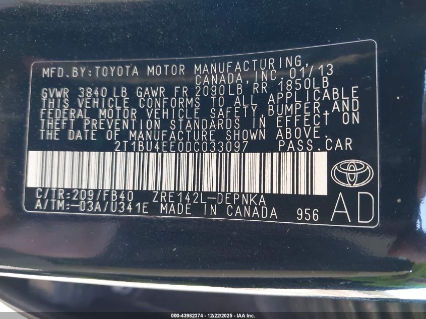 2013 Toyota Corolla Le VIN: 2T1BU4EE0DC033097 Lot: 43982374