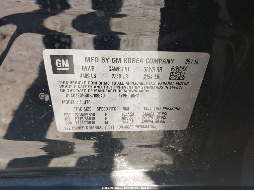 2019 Buick Encore Awd Sport Touring VIN: KL4CJ2SB8KB708549 Lot: 43982375