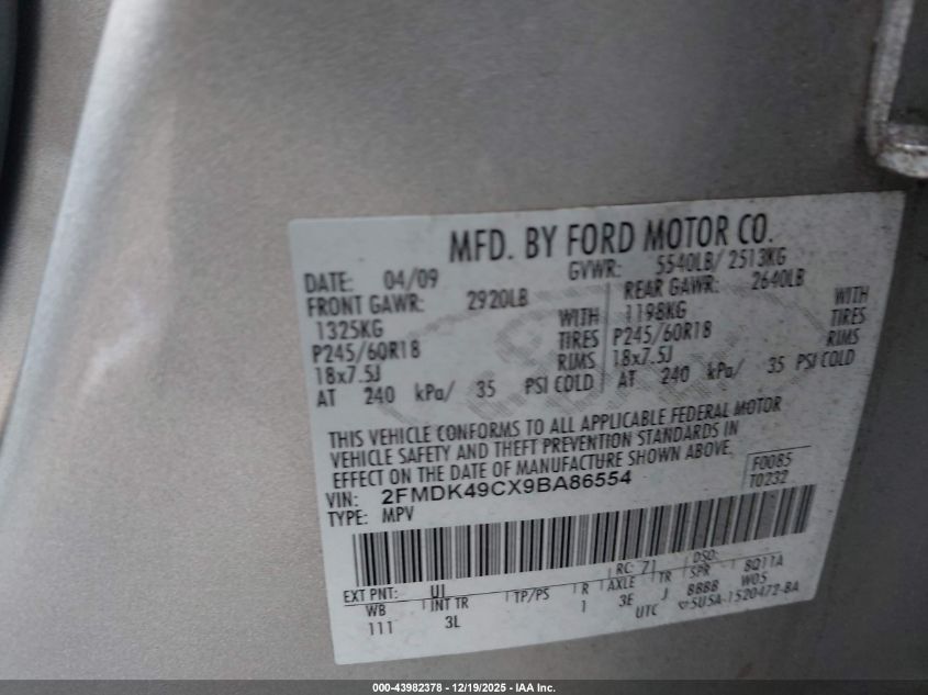 2009 Ford Edge Limited VIN: 2FMDK49CX9BA86554 Lot: 43982378