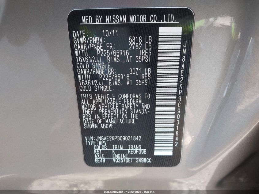 2012 Nissan Quest S VIN: JN8AE2KP3C9031842 Lot: 43982381
