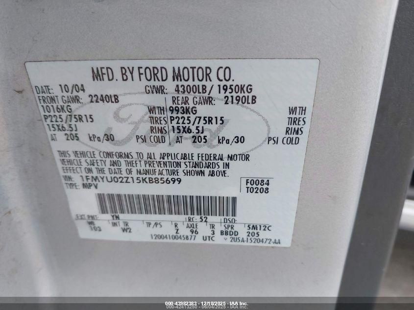 2005 Ford Escape Xls VIN: 1FMYU02Z15KB85699 Lot: 43982383