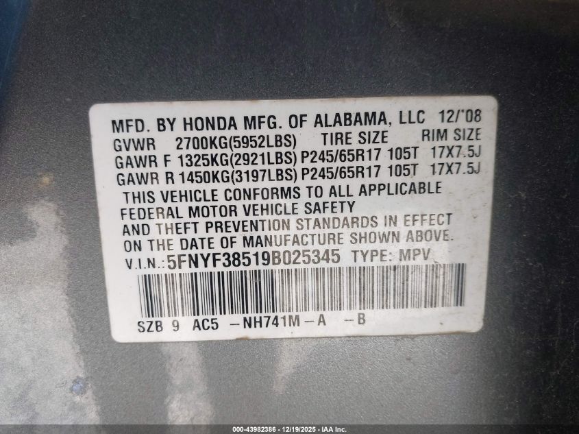 2009 Honda Pilot Ex-L VIN: 5FNYF38519B025345 Lot: 43982386