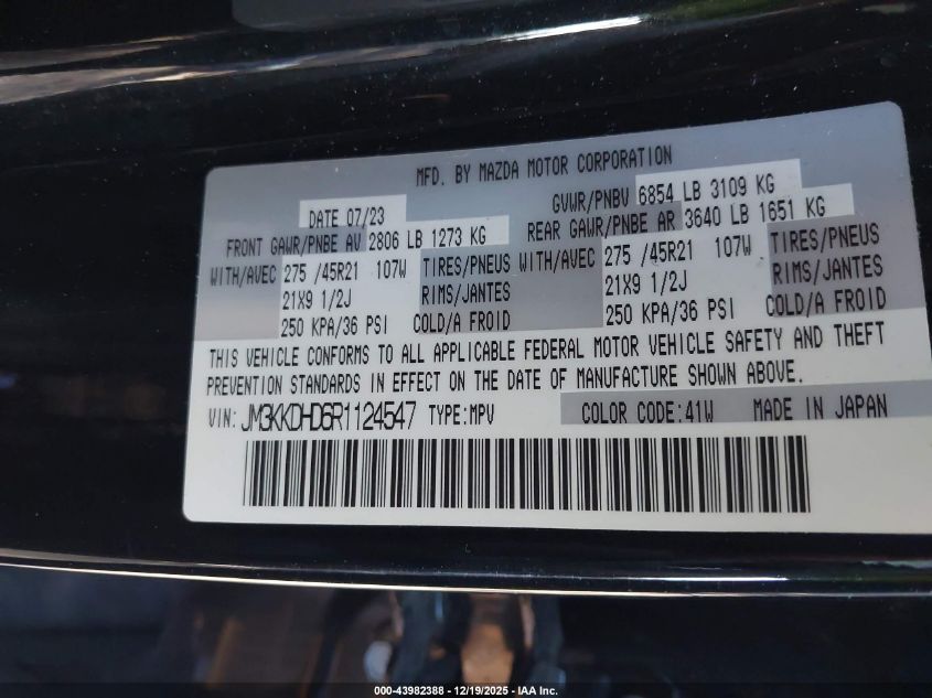 2024 Mazda Cx-90 3.3 Turbo Premium VIN: JM3KKDHD6R1124547 Lot: 43982388