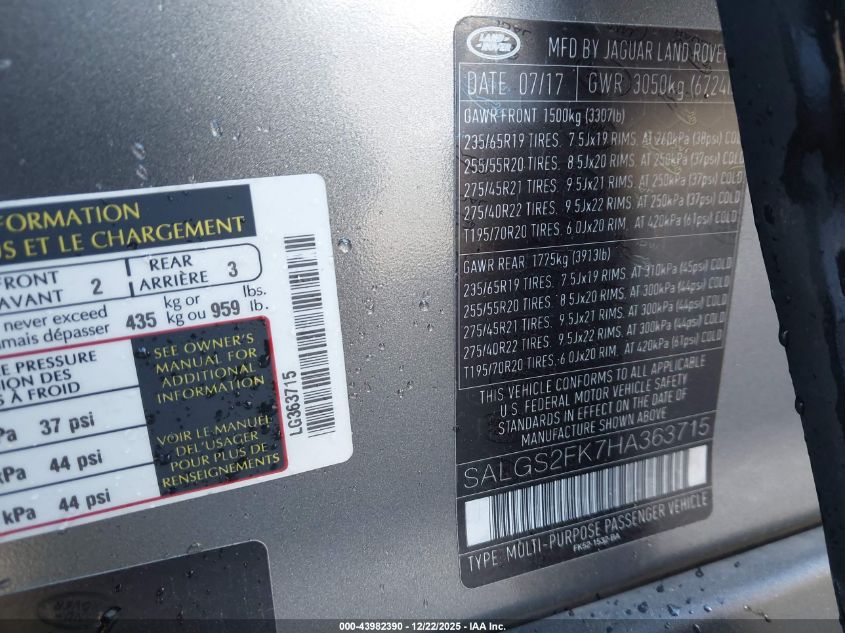 2017 Land Rover Range Rover 3.0L V6 Turbocharged Diesel Hse Td6 VIN: SALGS2FK7HA363715 Lot: 43982390