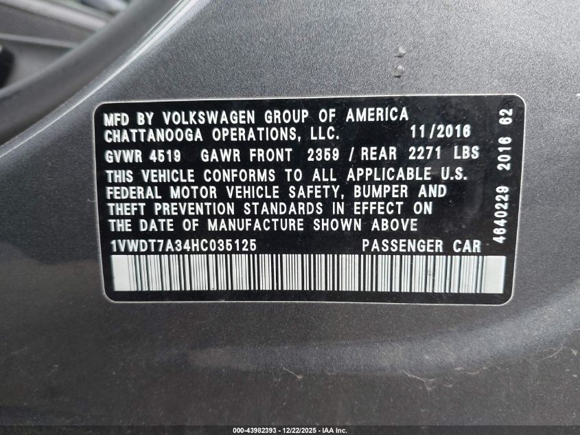 2017 Volkswagen Passat 1.8T R-Line VIN: 1VWDT7A34HC035125 Lot: 43982393