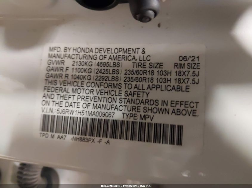 2021 Honda Cr-V 2Wd Ex VIN: 5J6RW1H51MA009067 Lot: 43982396