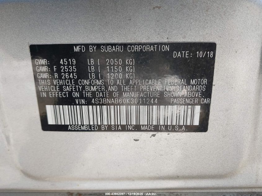 2019 Subaru Legacy 2.5I VIN: 4S3BNAB60K3011244 Lot: 43982397