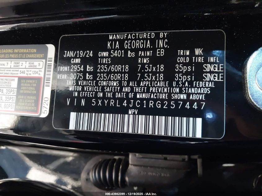 2024 Kia Sorento S VIN: 5XYRL4JC1RG257447 Lot: 43982399