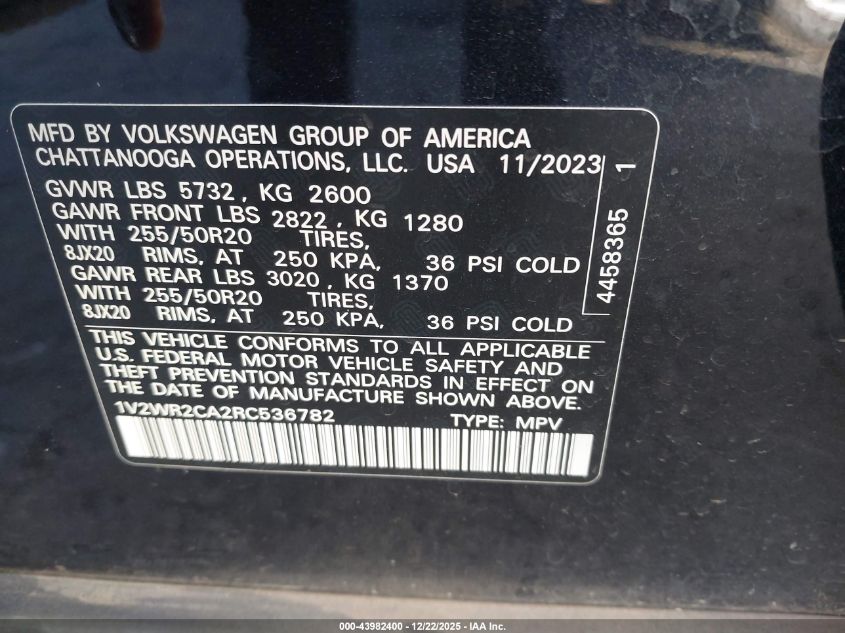 2024 Volkswagen Atlas 2.0T Se W/Technology VIN: 1V2WR2CA2RC536782 Lot: 43982400