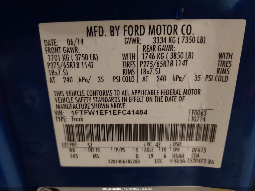 2014 Ford F-150 Xlt VIN: 1FTFW1EF1EFC41484 Lot: 43982406