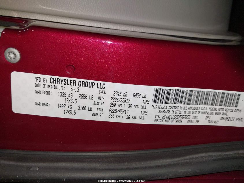 2013 Chrysler Town And Country VIN: 2C4RC1CG9DR767855 Lot: 43982407