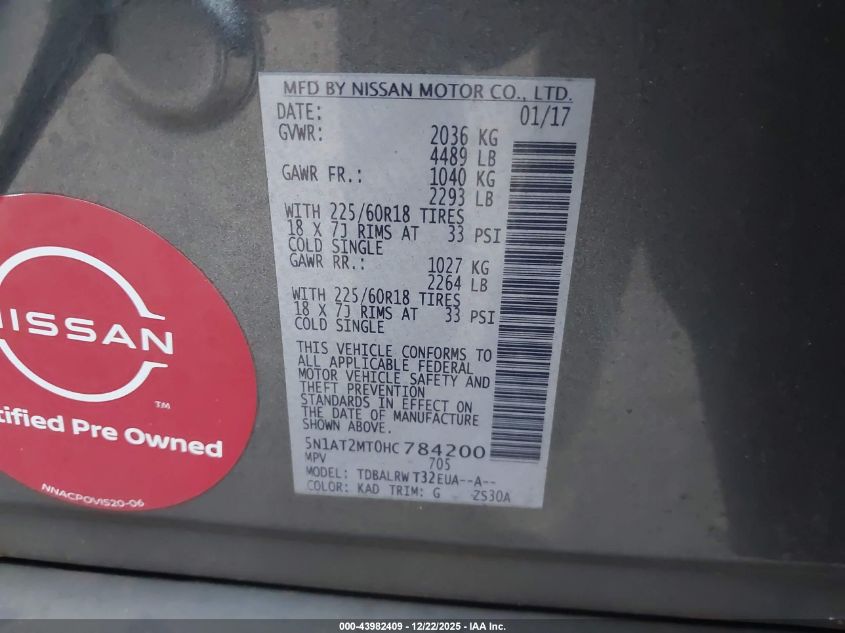 2017 Nissan Rogue Sl VIN: 5N1AT2MT0HC784200 Lot: 43982409