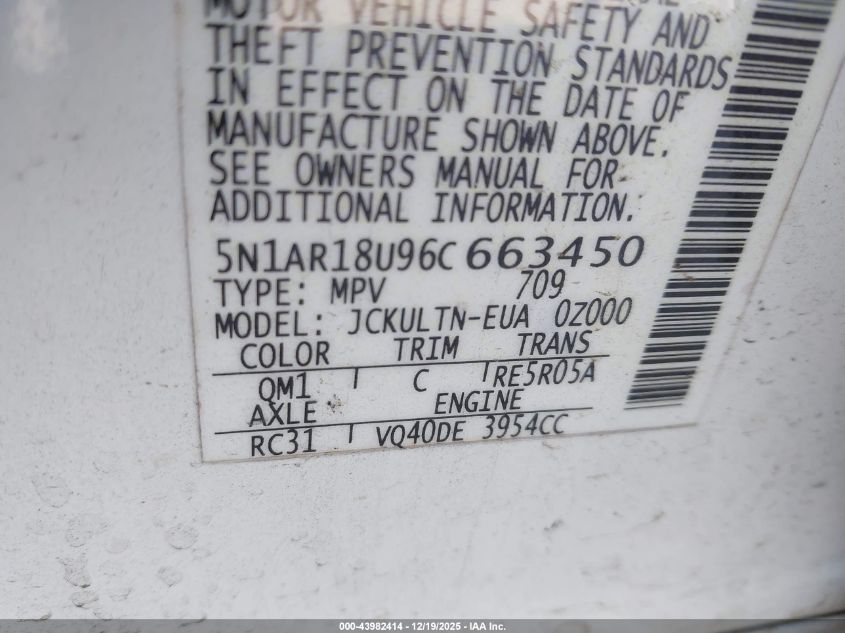 2006 Nissan Pathfinder Se VIN: 5N1AR18U96C663450 Lot: 43982414