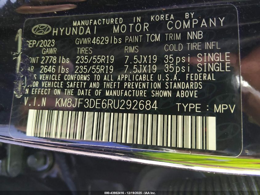 2024 Hyundai Tucson Xrt VIN: KM8JF3DE6RU292684 Lot: 43982416